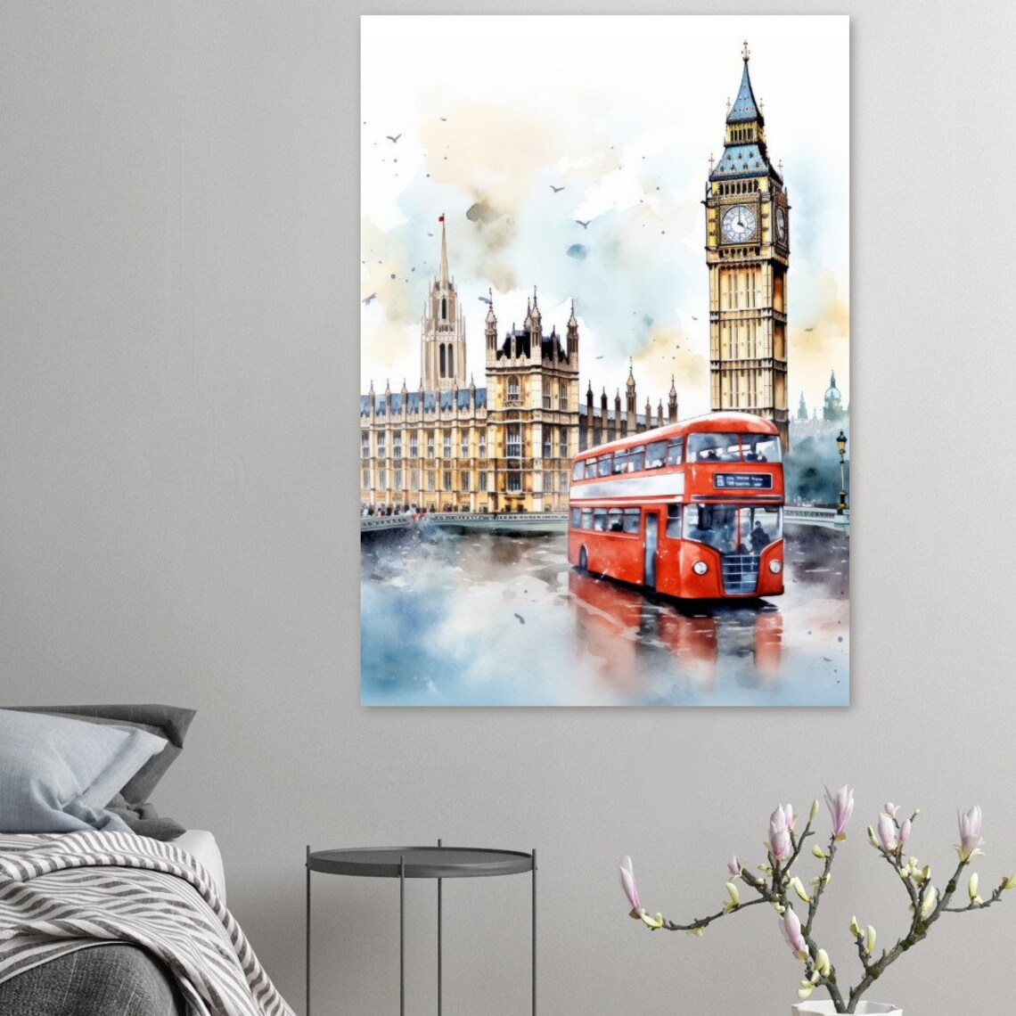 London Big Ben Houses Of Parliament Red Bus Watercolor Poster - Image 4