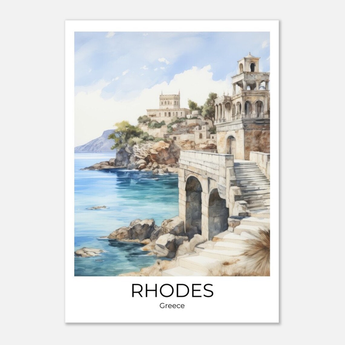 Rhodes Greece Ancient Stone Coastline Steps Sea View Travel Poster