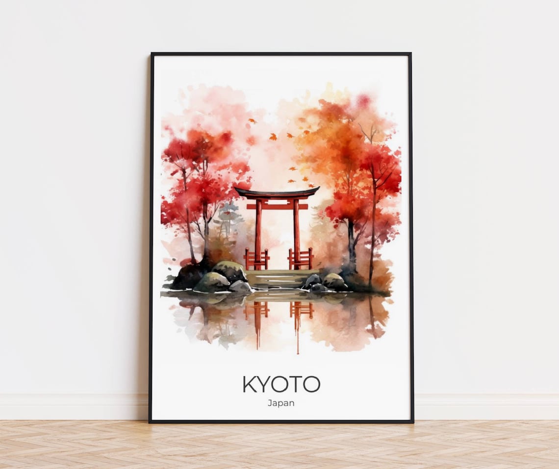 Kyoto Red Torii Gate Autumn Maple Watercolor Japan Travel Poster