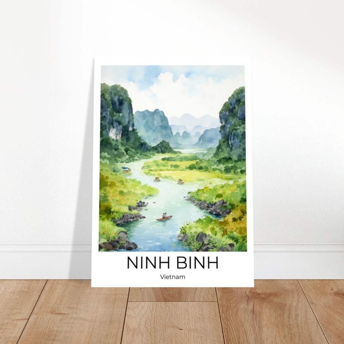 Ninh Binh Vietnam Karst River Valley Boats Watercolor Travel Poster - Image 4