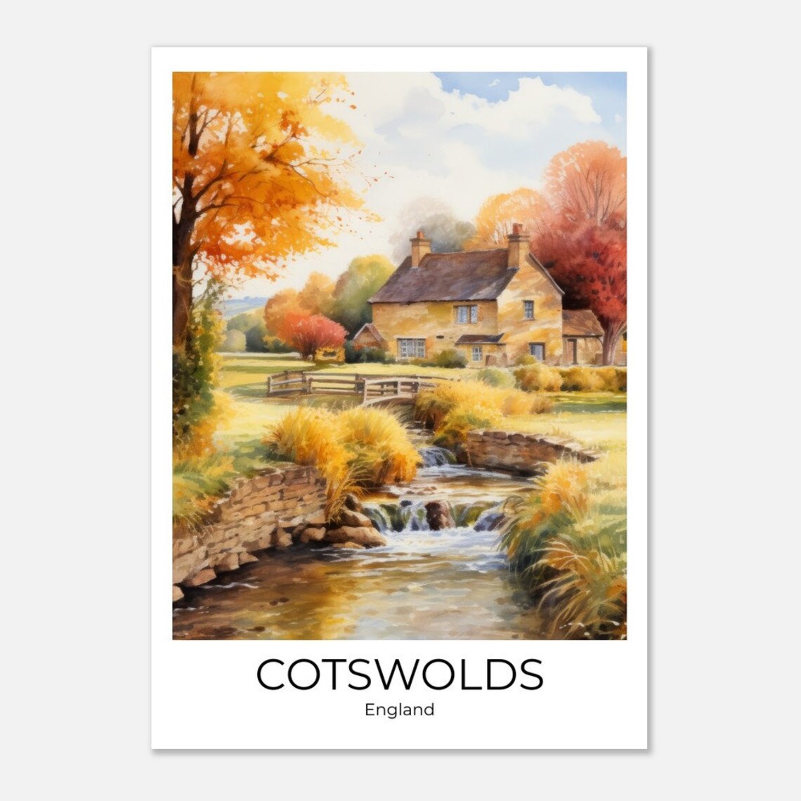 Cotswolds England Autumn Cottage With Stream and Footbridge Poster - Image 4