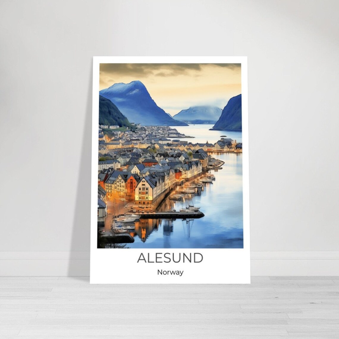 Alesund Norway Waterfront Old Town Fjord Watercolor Travel Poster