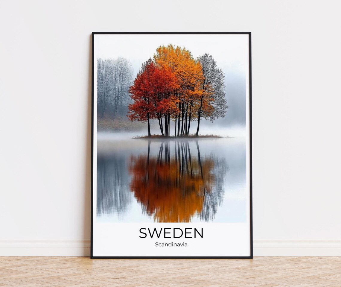 Sweden Autumn Trees Travel Poster Scandinavia Fall Foliage Lake Art