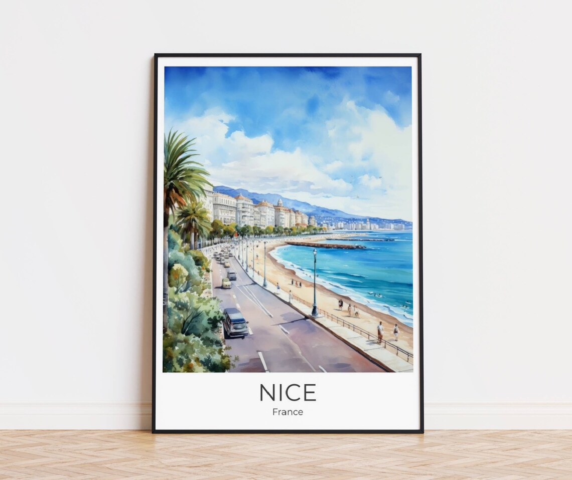 Nice France Sunny Beach Promenade Palms Watercolor Travel Poster