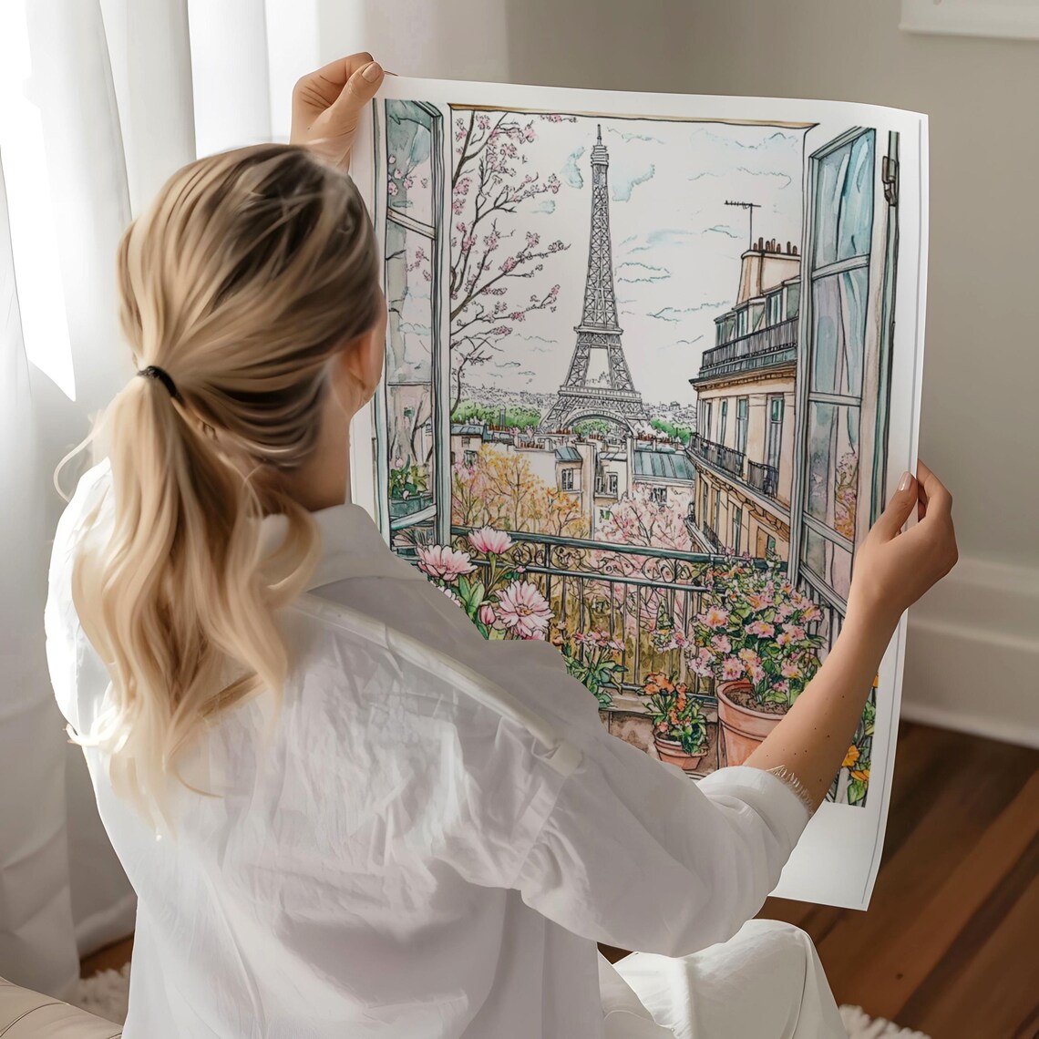 Paris Eiffel Tower Balcony Flower View French City Watercolor Poster - Image 3