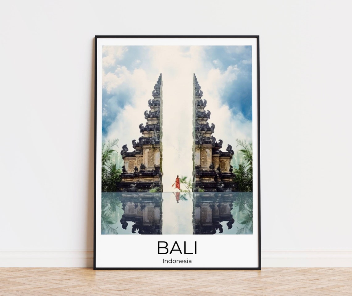 Bali Indonesia Temple Gate Reflection Watercolor Travel Poster