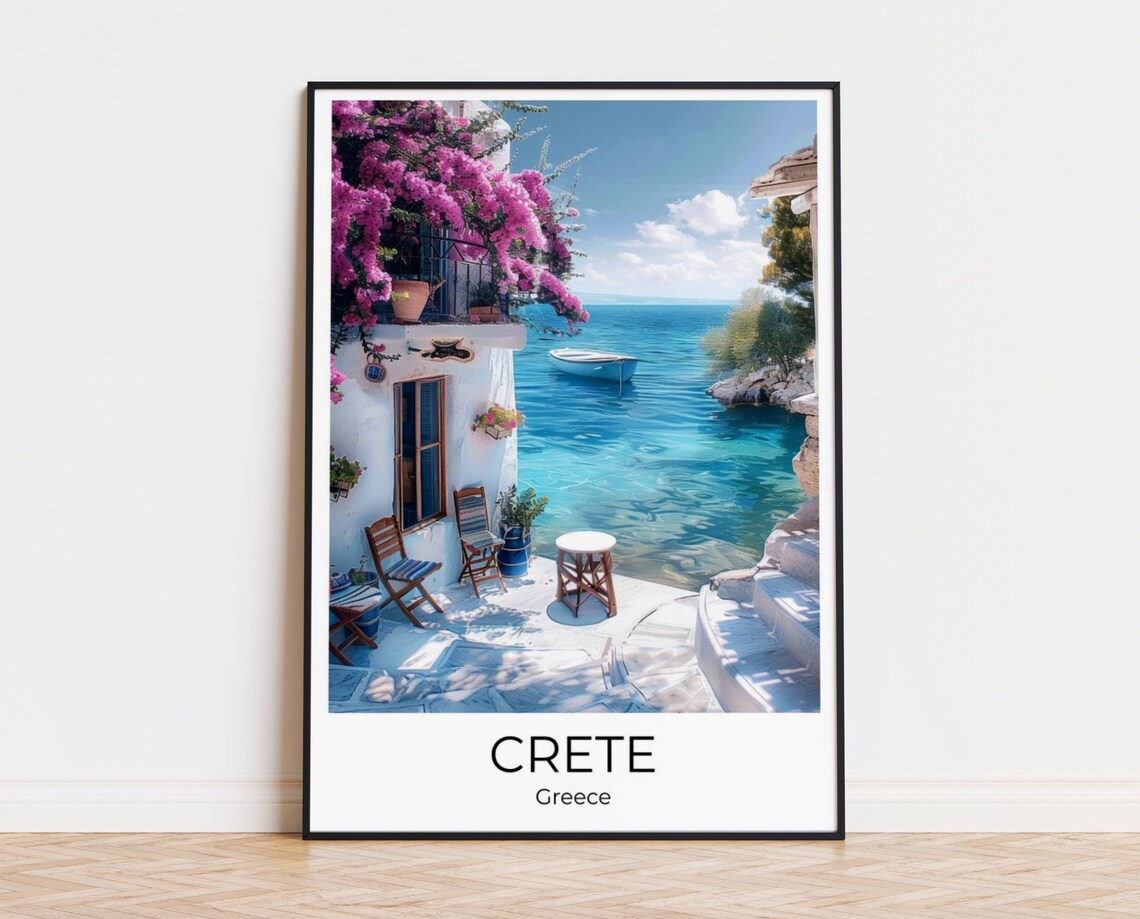 Crete Greece Seaside Terrace Bougainvillea Aegean Coast Travel Poster