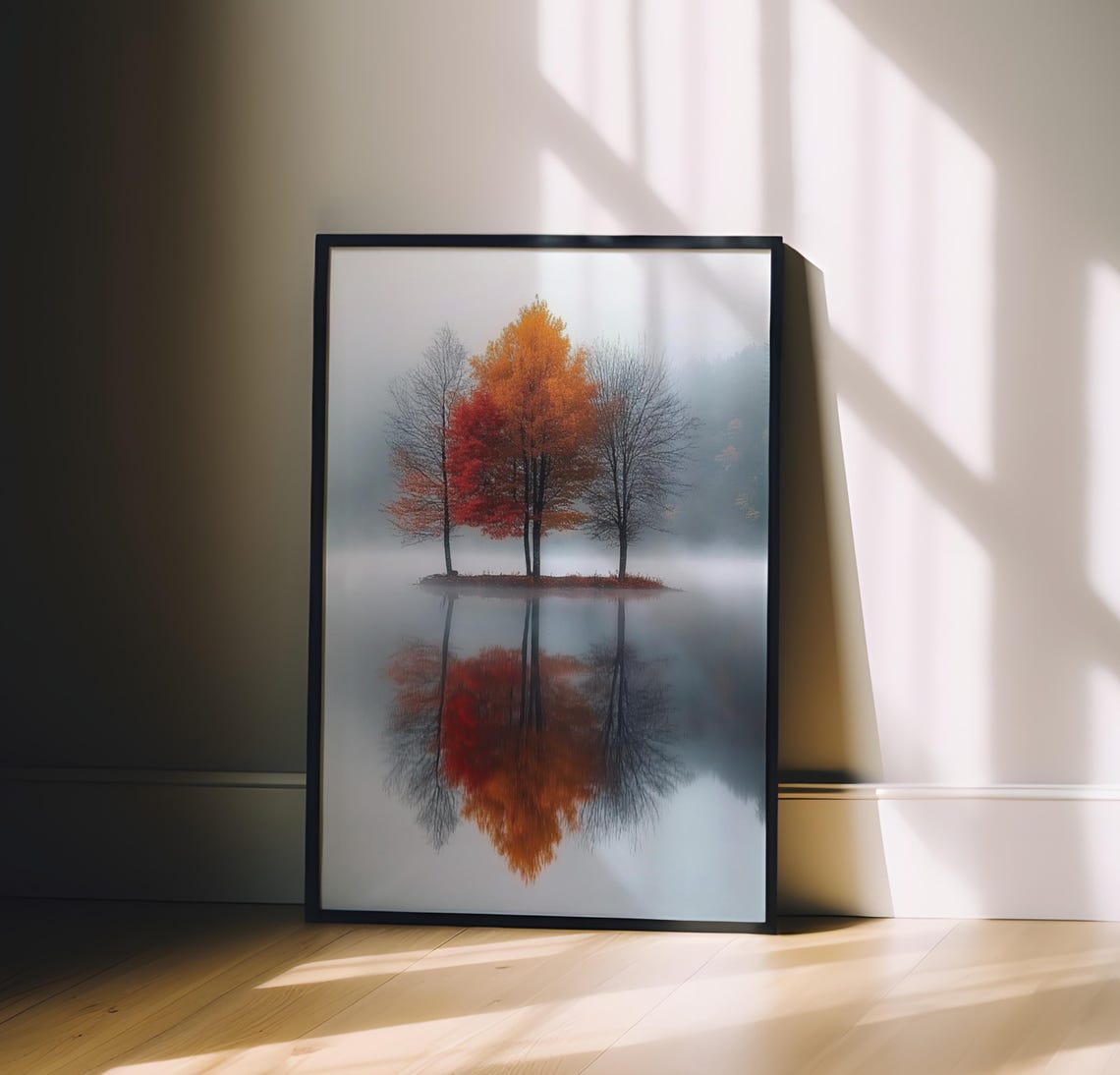 Fiery Autumn Trees Poster Misty Lake Mirror Reflection Fall Foliage - Image 4