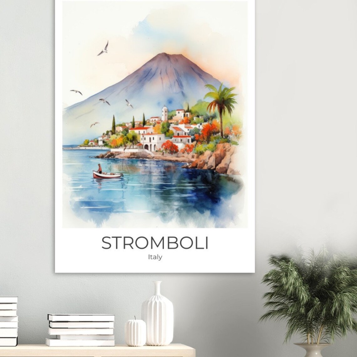 Stromboli Italy Volcano Island Village Watercolor Travel Poster - Image 4
