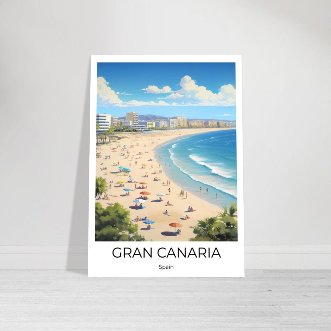 Gran Canaria Spain Busy Beach With Parasols and Resort Skyline Poster