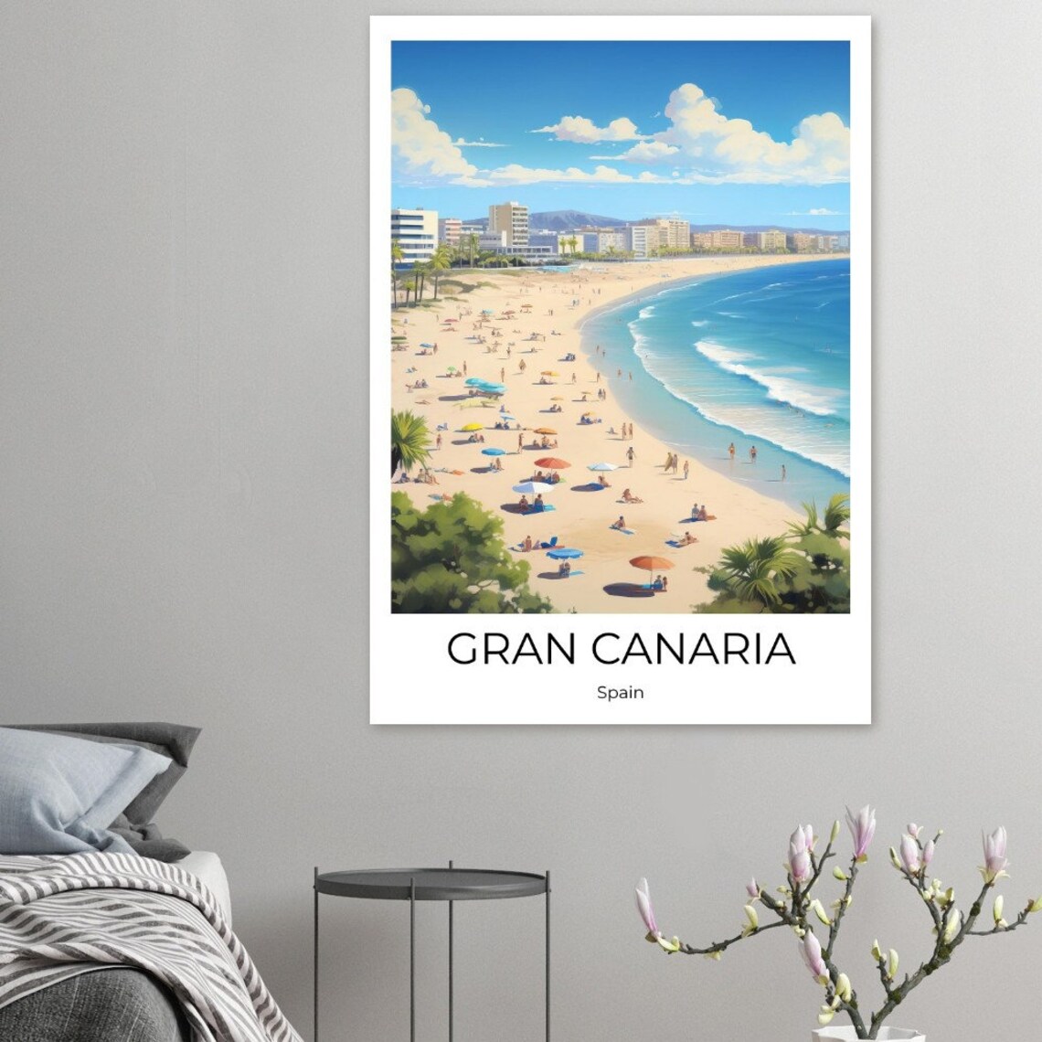 Gran Canaria Spain Busy Beach With Parasols and Resort Skyline Poster - Image 3