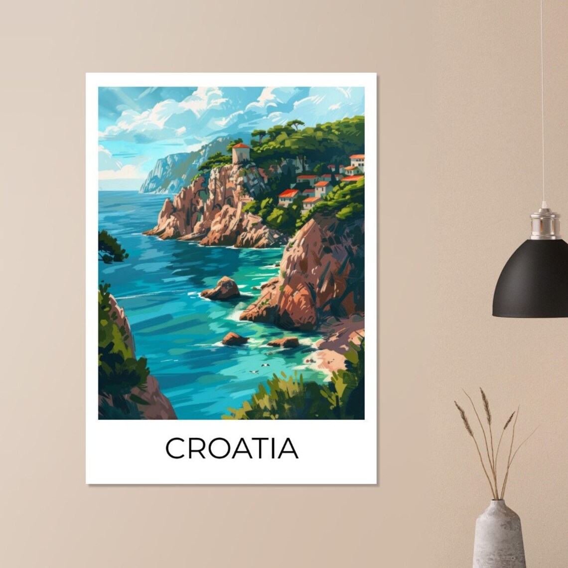Croatia Rocky Cove Cliffside Village Azure Sea Sailboats Art Poster - Image 3