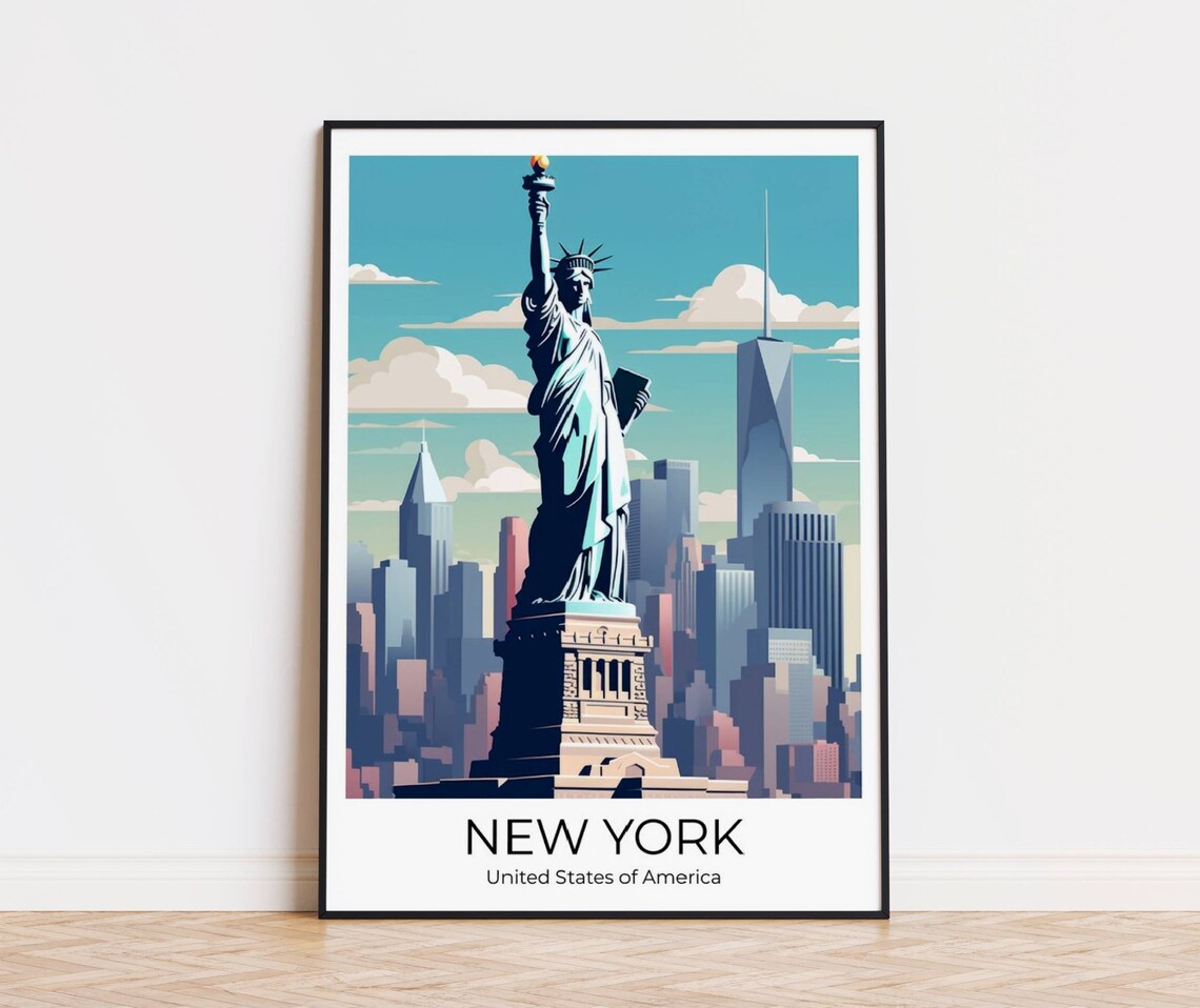 New York Statue Of Liberty Manhattan Skyline Day Travel Poster