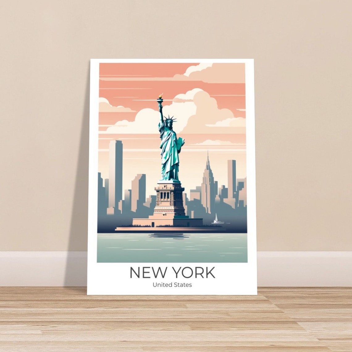 New York Statue of Liberty Rising Over Skyline Sunset Poster - Image 3