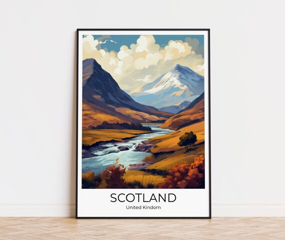 Scotland Vintage Mountain Valley River Golden Autumn Travel Poster