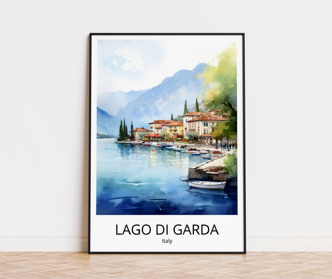 Lago di Garda Italy Lake Village Watercolor Boats Scene Poster