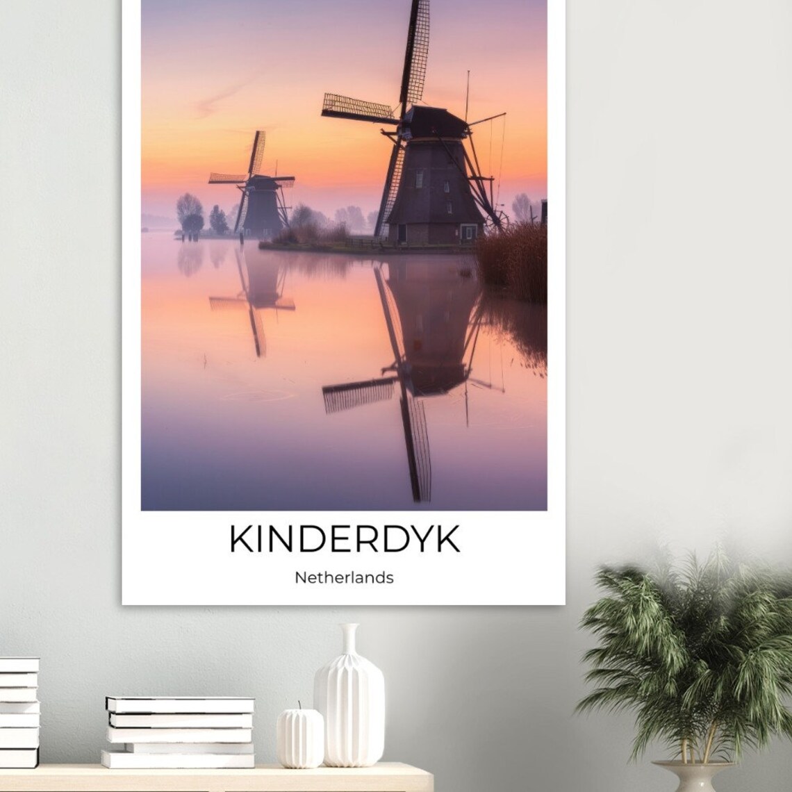 Kinderdijk Netherlands Windmills Sunrise Reflection Travel Poster - Image 4