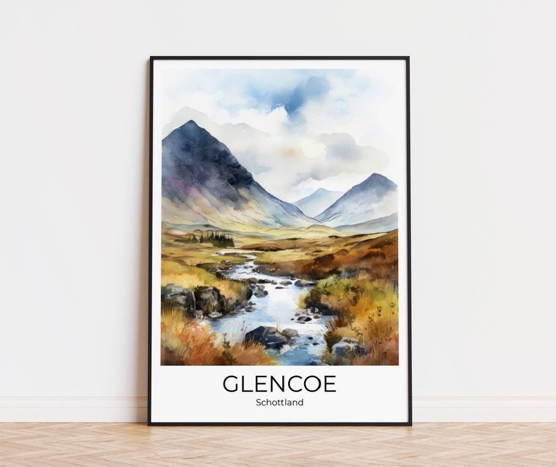 Glencoe Scotland Misty Watercolor Mountains and River Travel Poster