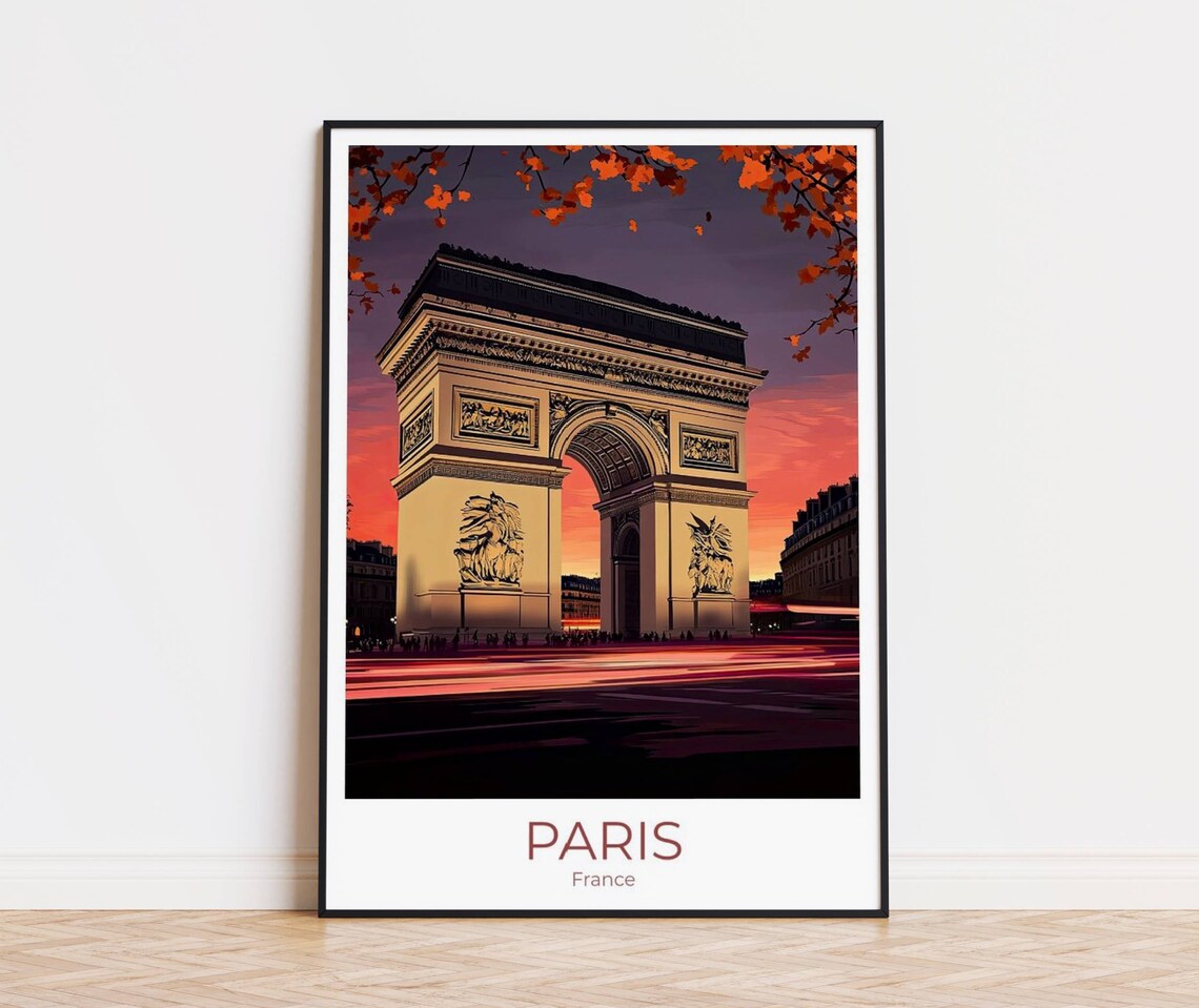 Paris Arc de Triomphe France Autumn Sunset Landmark Travel Poster