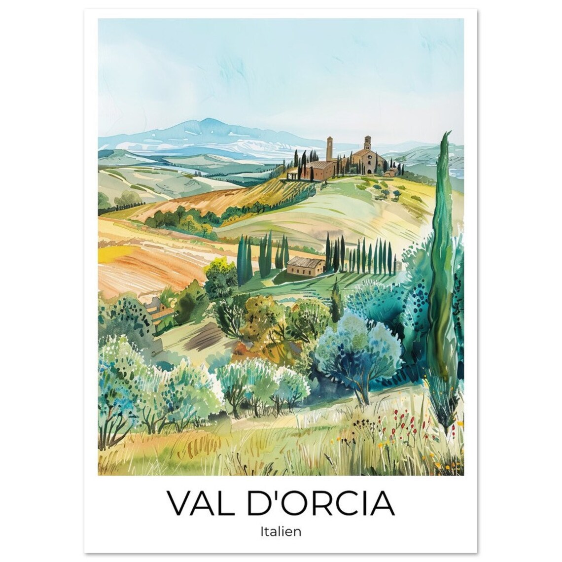 Val d'Orcia Watercolor Olive Groves Farmhouse Tuscany Italy Poster - Image 4