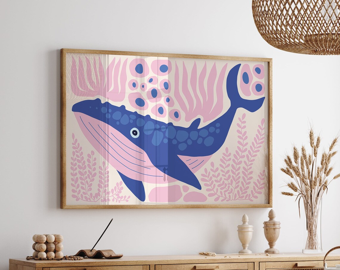 Whale Wall Art Print Horizontal Print Modern Nautical Home Decor Boho Wall Art Minimalist Animal Wall Art