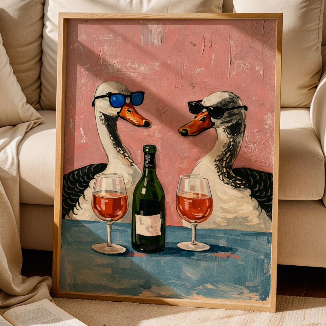 Wine Geese Sunglasses Pink Party Whimsical Animal Painting Poster