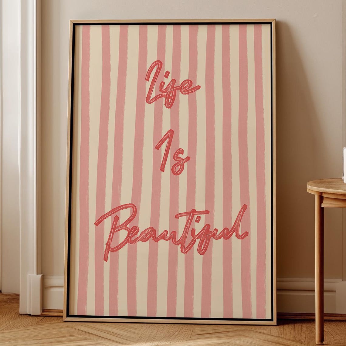 Life Is Beautiful Red Script Pink Stripe Trendy Retro Quote Poster