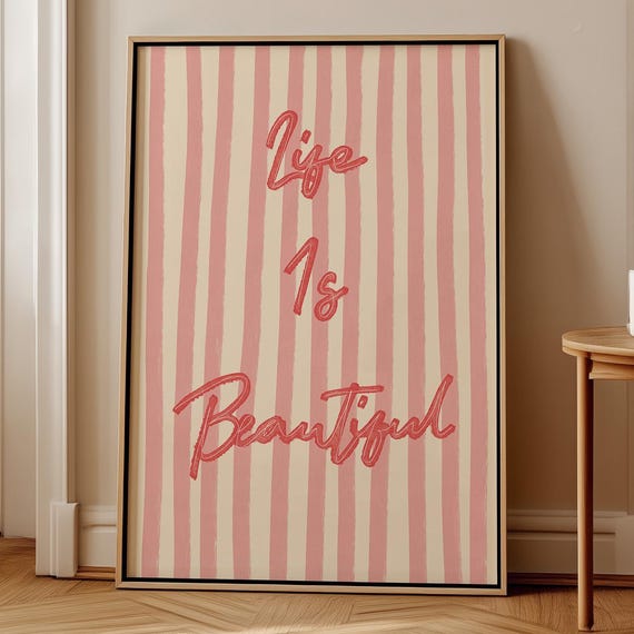 Life Is Beautiful Print Pink Red Stripe Trendy Home Decor Cute Positive Quote Gift Girly Wall Art Dorm Preppy Inspiring