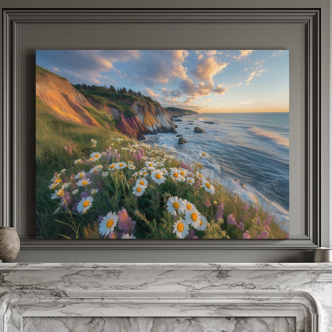 Ocean Cliffs Golden Hour Daisy Seaside Meadow Wildflowers Print