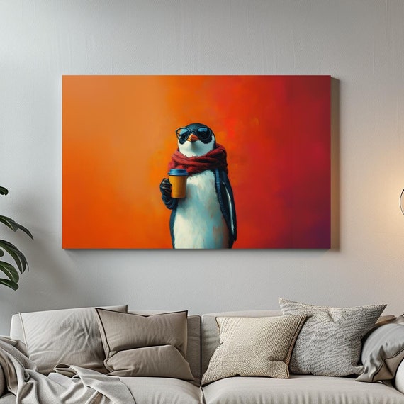 Hipster Penguin Coffee Maximalist Eclectic Victorian Print Bold Altered Party Portrait Fantasy Fun Colorful Renaissance Rustic Art