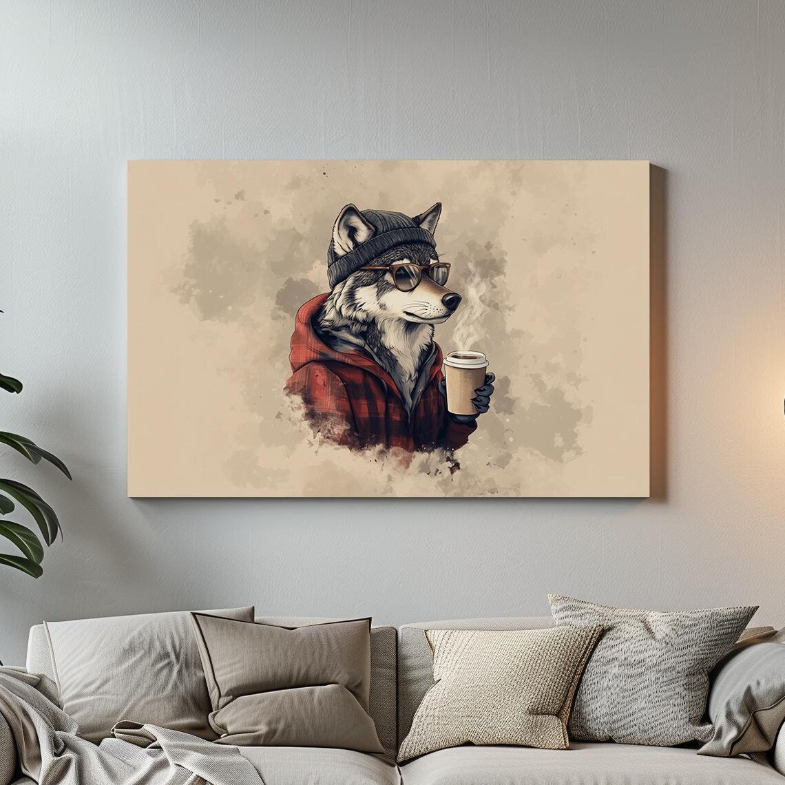 Hipster Wolf in Beanie and Sunglasses Holding Coffee Watercolor Art Poster