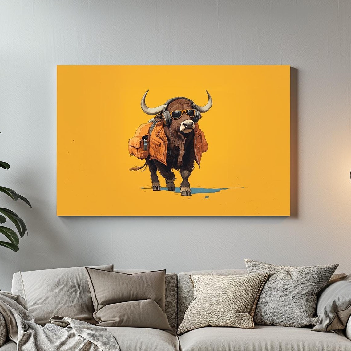 Bold Hipster Buffalo in Sunglasses Headphones Cool Yellow Poster