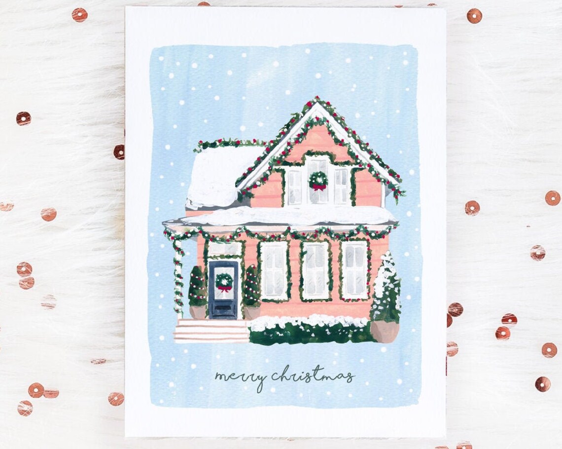 Snowy Pink Christmas House Garland Gouache Holiday Art Poster - Image 3