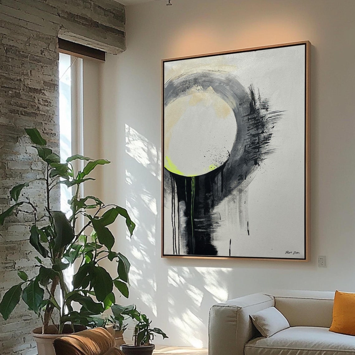 Monochrome Enso Circle Abstract Poster with Neon Yellow Accent