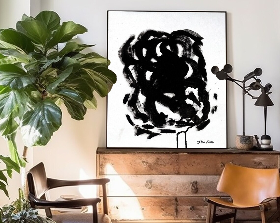 Black Ink Swirl on White Background Bold Minimalist Art Print