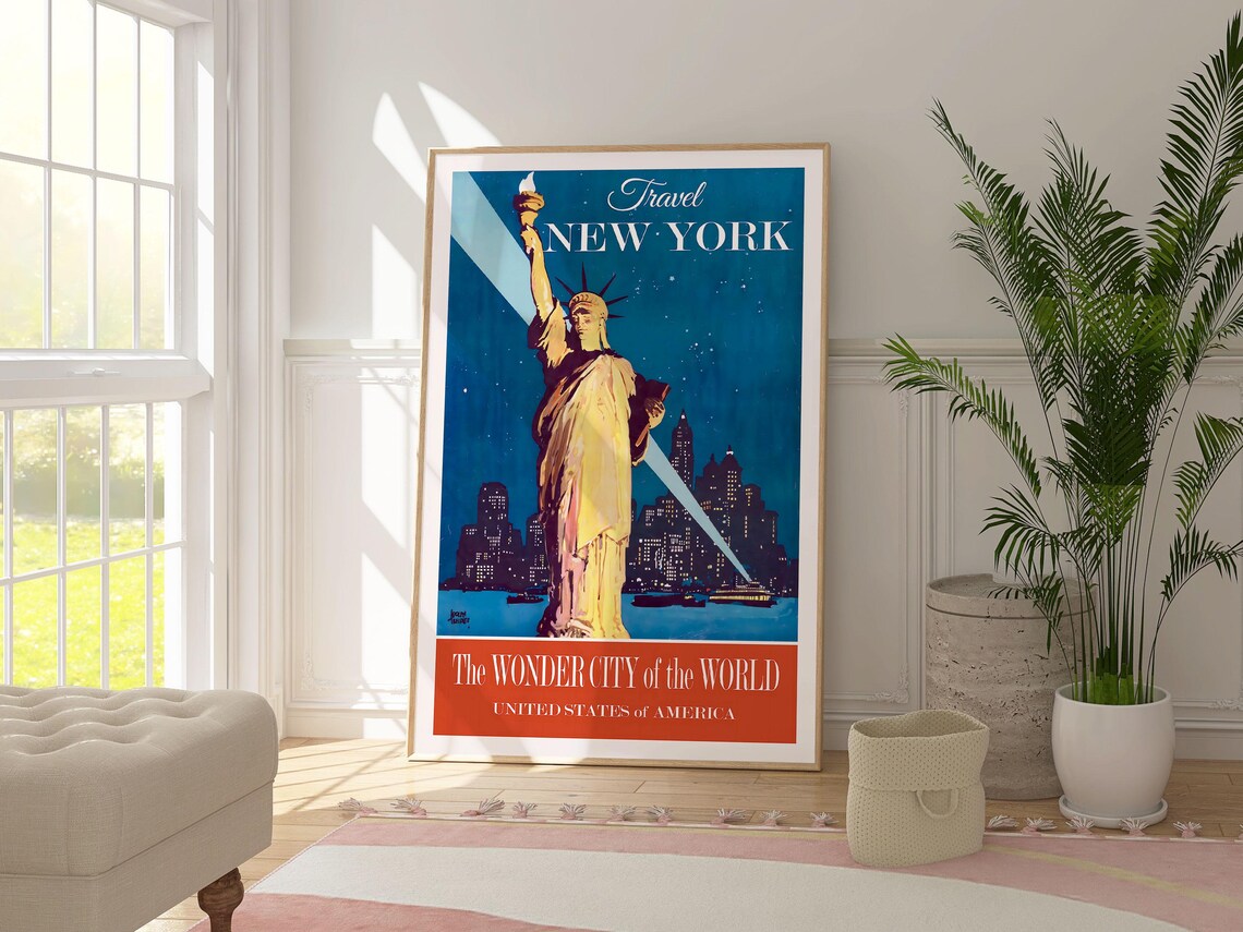New York Statue Of Liberty Vintage Night Skyline Wonder City Print - Image 3
