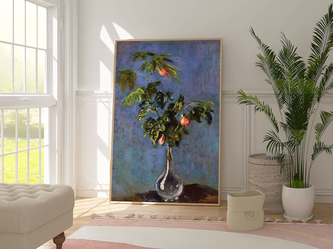 Claude Monet Flowering Sprig Glass Vase Red Buds Blue Still Life Poster - Image 3