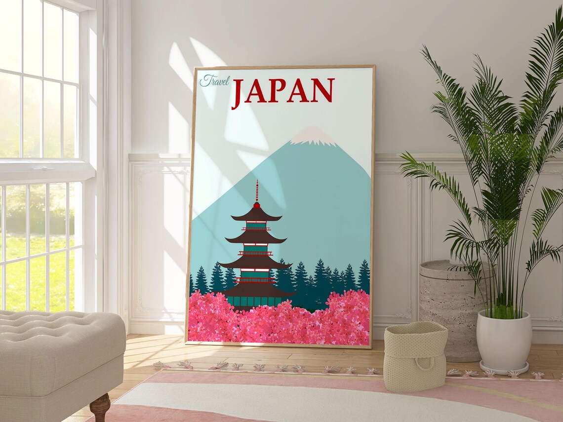 Japan Minimalist Travel Poster Mount Fuji Pagoda Cherry Blossom Scene - Image 3