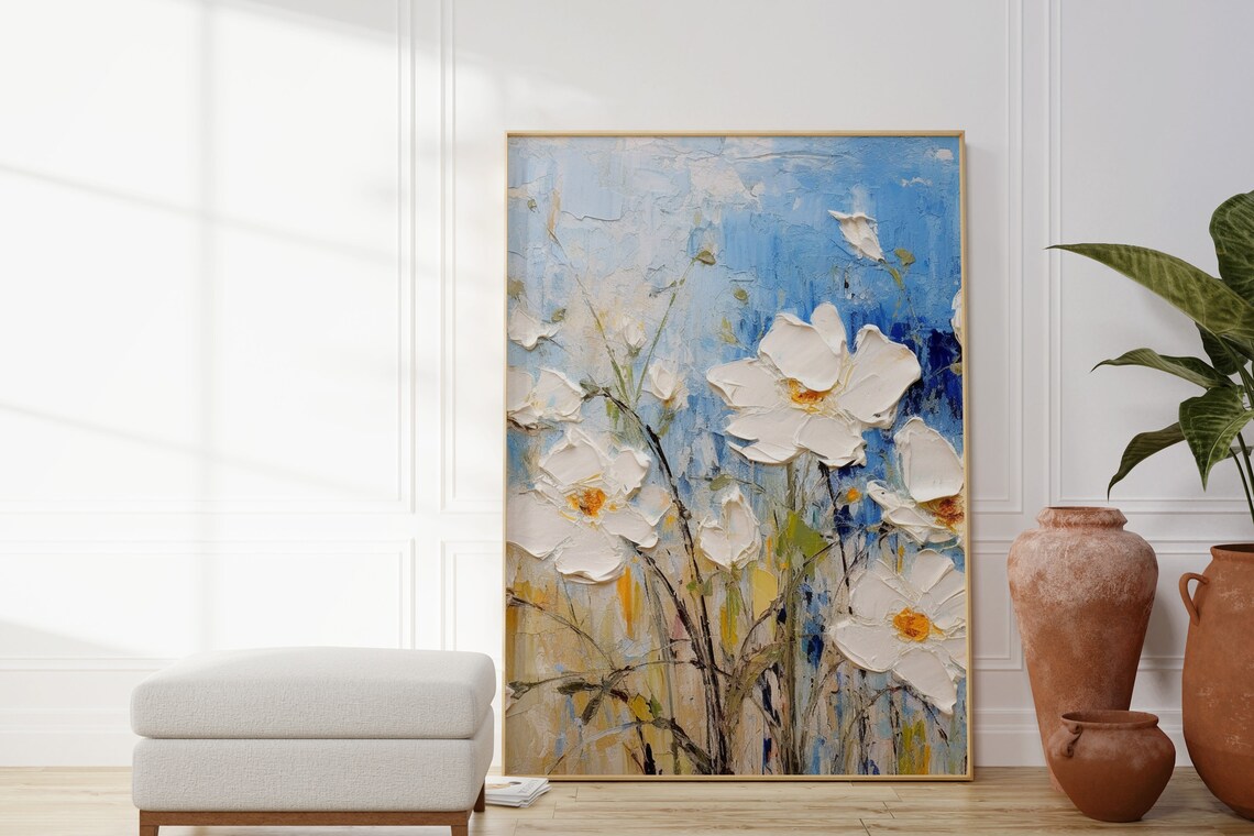 Blue and White Flower Vintage Painting Art Print - Image 3