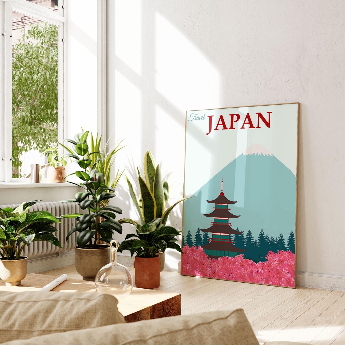 Japan Minimalist Travel Poster Mount Fuji Pagoda Cherry Blossom Scene - Image 2