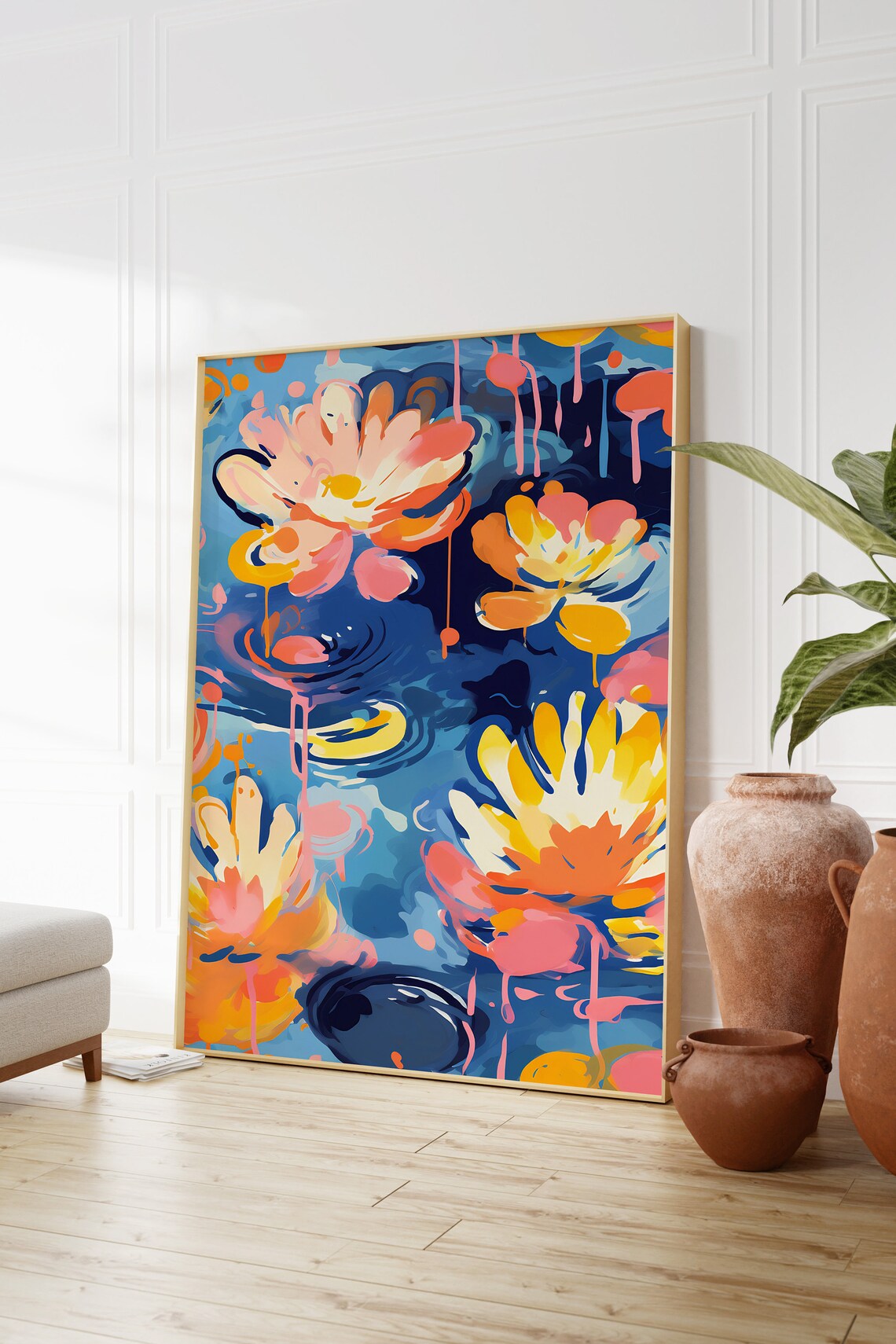 Abstract Water Lilies Colorful Floral Pond Blue Background Art - Image 2