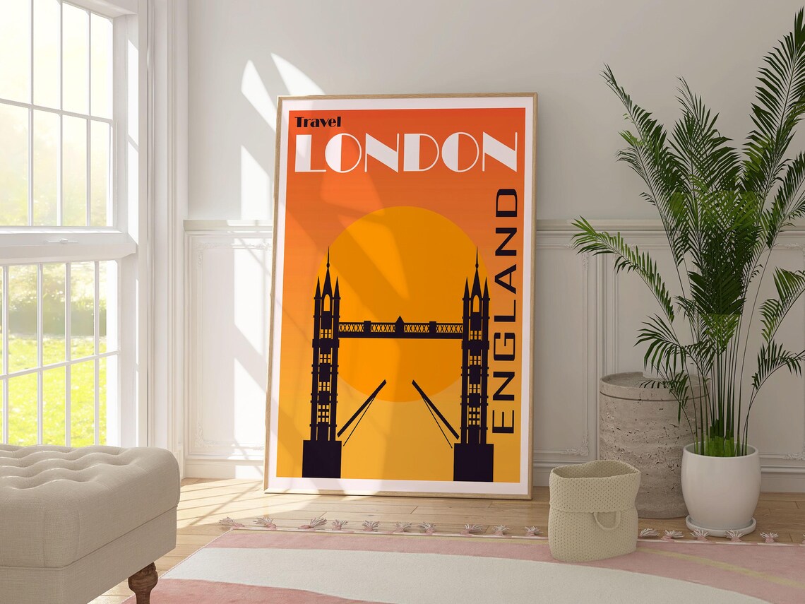 Travel London England Tower Bridge Orange Sky Retro Art Poster - Image 3