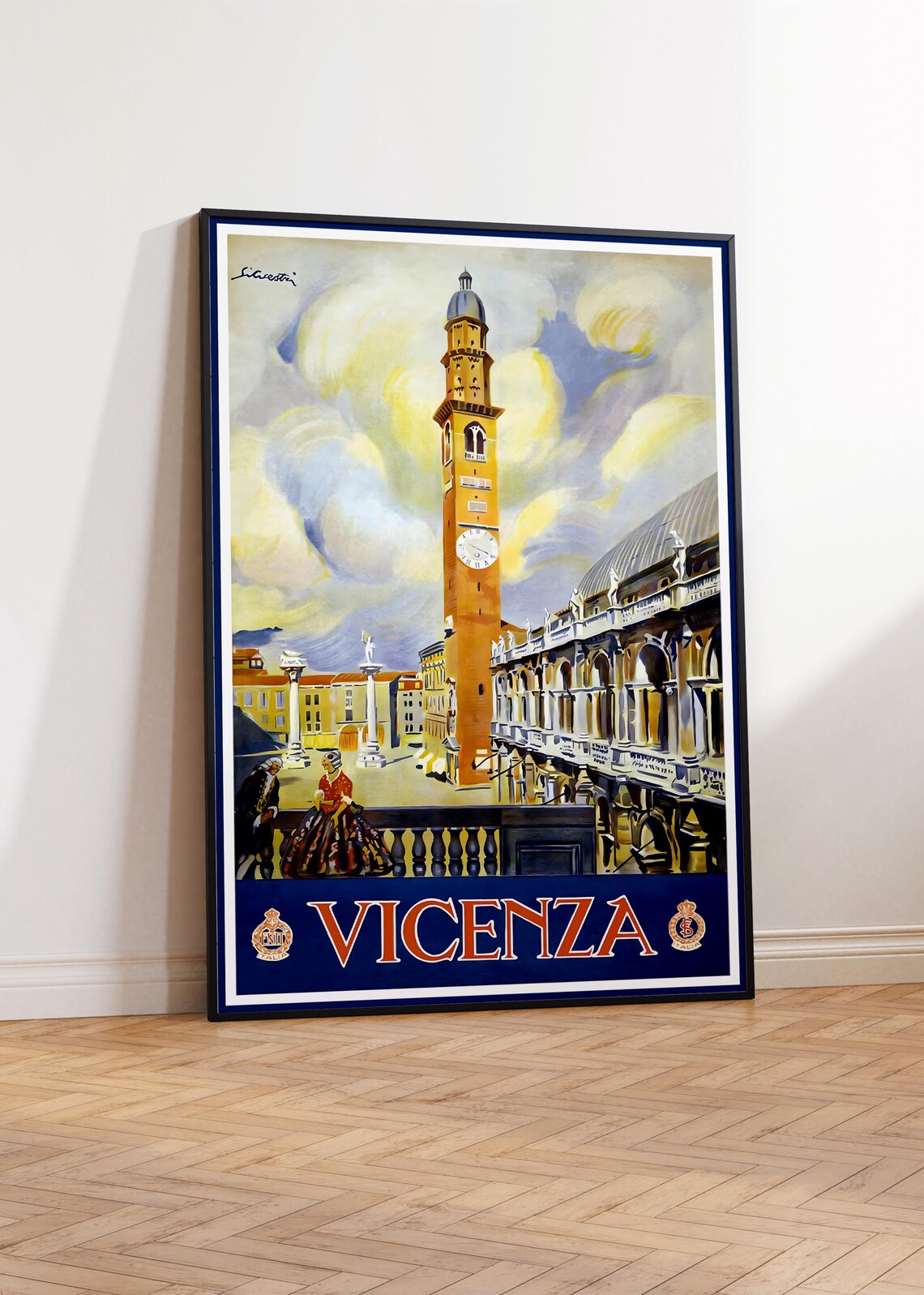 Vicenza Italy Vintage Travel Poster Old Town Bell Tower View - Image 3
