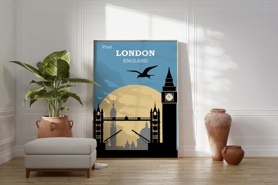 Visit London England Tower Bridge Big Ben Sunset Silhouette Poster - Image 3