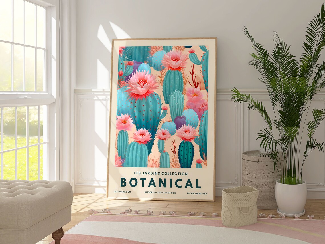 Blue Cactus Pink Flowers Mexican Botanical Les Jardins Art Poster - Image 2