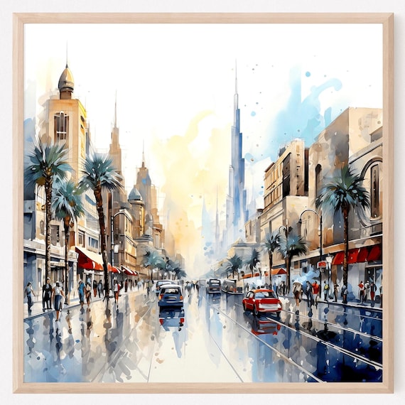 Dubai Skyline Watercolor Art Print Modern Arabian Travel Poster