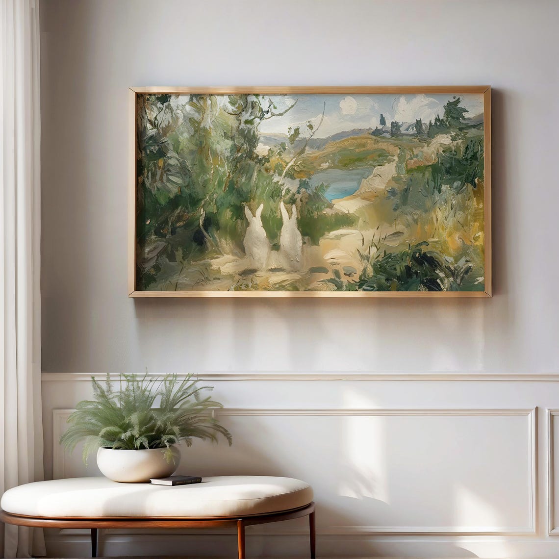 White Rabbits Textured Abstract Painting Lakeside Hillside View Poster - Image 3