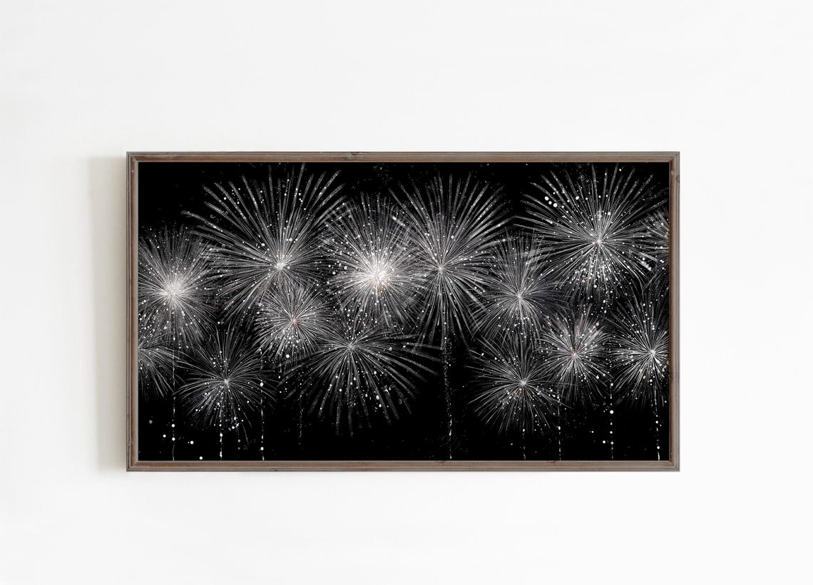 Silver Fireworks Black Background New Year Celebration Art Poster