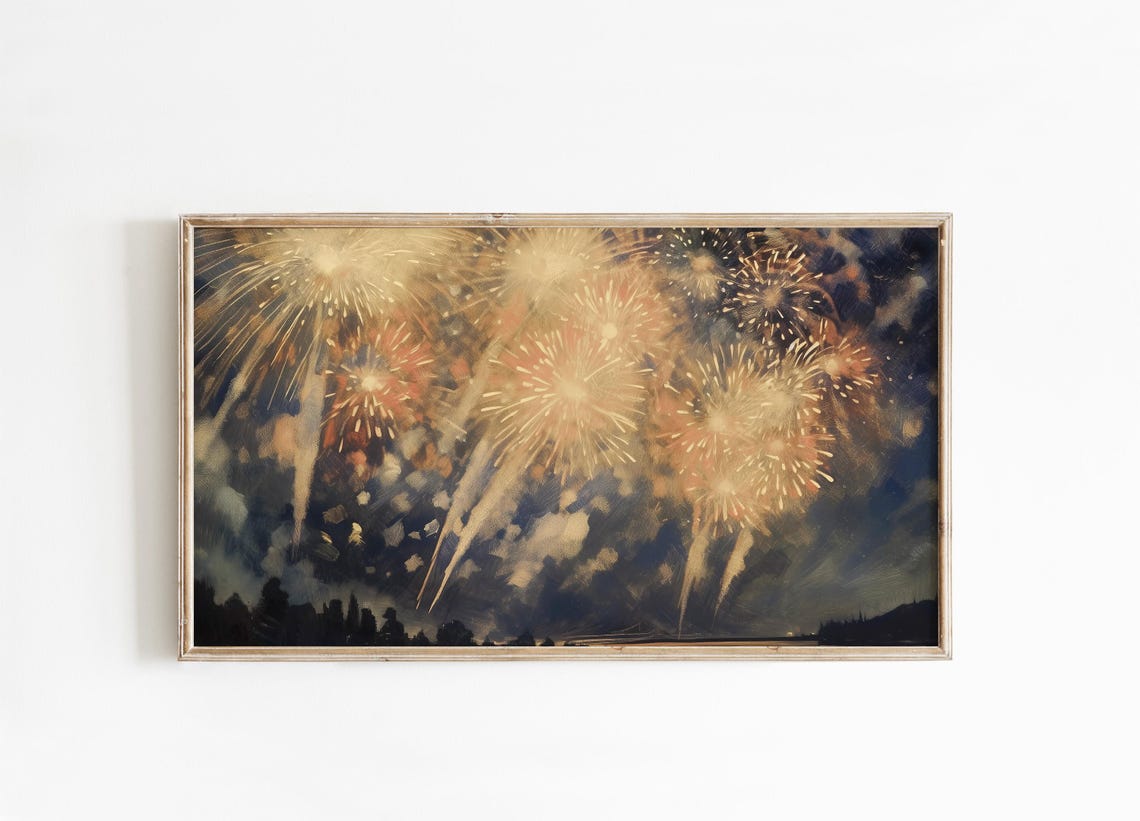 New Year Fireworks Night Sky Painting Celebration Vintage Art Poster