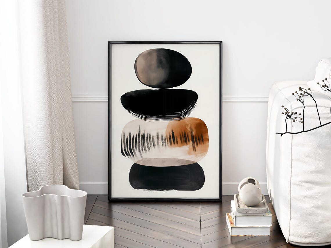 Abstract Stacked Stone Shapes Black Cream Copper Japandi Art Poster